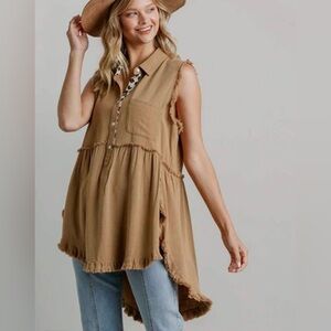 Umgee Toffee Frayed Edge Hi Lo Sleeveless Fall Tunic Animal Collar Trim Top Sz S